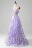 Robe de Soirée violette à paillettes trapèze avec broderie