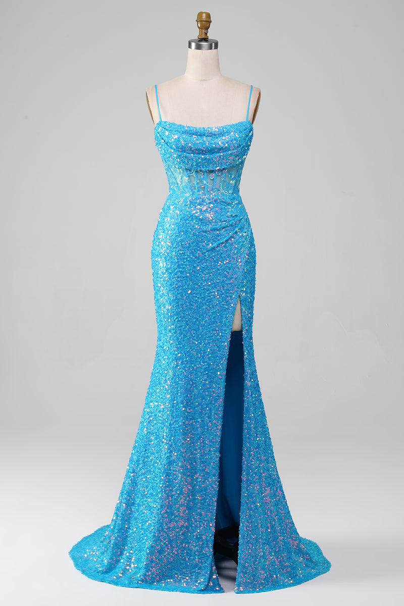 Charger l&#39;image dans la galerie, Robe de Soirée corset scintillante bleue à bretelles spaghetti avec fente