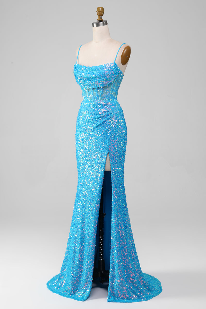 Charger l&#39;image dans la galerie, Robe de Soirée corset scintillante bleue à bretelles spaghetti avec fente