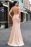Sirène champagne épaule dénudée Corset longue Robe de soirée avec fente