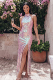 Robe invité de mariage longue dorée à sequins avec col doré et fente