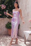 Robe midi à bretelles fines dorées bodycon scintillantes avec sequins