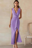 Robe longue de travail en satin bleu ciel à col en V avec fente