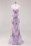 Robe longue de bal rose à col carré à fleurs de sirène avec perles