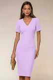 Robe de travail Midi Bodycon Navy à col en V à manches courtes avec fente
