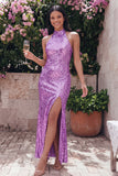 Robe invité de mariage longue dorée à sequins avec col doré et fente