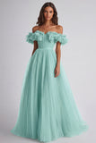 Robe formelle trapèze épaule dénudée à volants couleur sage poussiéreux