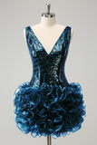 Robe de bal à paillettes à col en V Noir scintillante avec volants amovibles