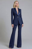 Costumes de travail féminins à revers châle bleu marine 2 pièces simple boutonnage