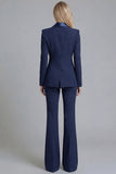 Costumes de travail féminins à revers châle bleu marine 2 pièces simple boutonnage