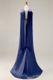 Robe de soirée longue sirène vert clair satin bustier sans bretelles avec fentes latérales et foulard