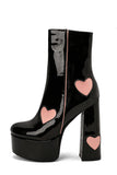 Bottes à talons hauts en cuir PU noir avec plateforme Chunky Block avec cœurs roses