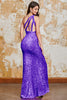 Charger l&#39;image dans la galerie, Sirène scintillante une épaule Fuchsia Sequins Robe de bal longue avec fente