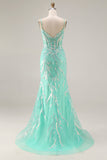 Corset sirène, sequins, longue robe de bal vert menthe avec broderies