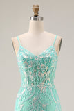 Corset sirène, sequins, longue robe de bal vert menthe avec broderies
