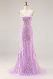 Corset sirène violet scintillant, paillettes, longue robe de bal avec des appliques en dentelle