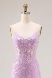 Corset sirène violet scintillant, paillettes, longue robe de bal avec des appliques en dentelle