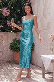 Robe midi à bretelles fines dorées bodycon scintillantes avec sequins