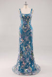 Robe longue de bal rose à col carré à fleurs de sirène avec perles