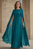 Robe longue mère de la mariée en mousseline de soie de sirène marine avec cape