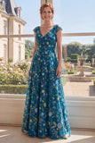 Robe longue de la mère de la mariée en tulle vert brodée en V, décolleté en V