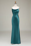 Robe de demoiselle d'honneur longue en satin bleu poudré à bretelles spaghetti