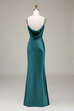 Robe de demoiselle d'honneur longue en satin bleu poudré à bretelles spaghetti