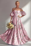 Longue robe de demoiselle d’honneur rose rose, bustier sans bretelles, avec manches bouffantes