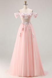 Robe de bal longue corset transparent perlée à la ligne A rose et à paillettes
