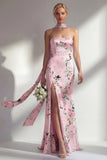 Robe longue de demoiselle d’honneur rose sirène, sans bretelles à motifs floraux, avec fente