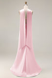 Robe de soirée longue sirène vert clair satin bustier sans bretelles avec fentes latérales et foulard