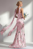 Robe longue de demoiselle d’honneur rose sirène, sans bretelles à motifs floraux, avec fente