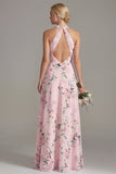 Longue robe de demoiselle d’honneur rose à col nu à boutons à fleurs