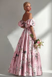 Longue robe de demoiselle d’honneur rose rose, bustier sans bretelles, avec manches bouffantes