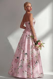 Robe longue longue de demoiselle d’honneur imprimée en ligne A bleue fleurie
