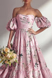 Longue robe de demoiselle d’honneur rose rose, bustier sans bretelles, avec manches bouffantes