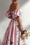 Longue robe de demoiselle d’honneur rose rose, bustier sans bretelles, avec manches bouffantes