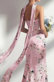 Robe longue de demoiselle d’honneur rose sirène, sans bretelles à motifs floraux, avec fente