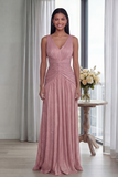 Robe Longue de Cérémonie Plissée Vieux Rose Col V