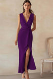 Robe longue de travail en satin bleu ciel à col en V avec fente