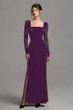 Robe formelle noire en velours à longues fentes avec manches longues