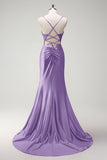 Sirène fuchsia scintillante bretelles spaghetti perlé Corset satin longue Robe de soirée avec fente