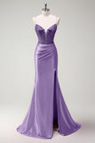Sirène fuchsia scintillante bretelles spaghetti perlé Corset satin longue Robe de soirée avec fente