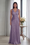 Robe Longue de Cérémonie Plissée Vieux Rose Col V