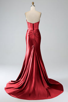 Robe de Soirée longue corset plissée sans bretelles sirène rouge avec fente