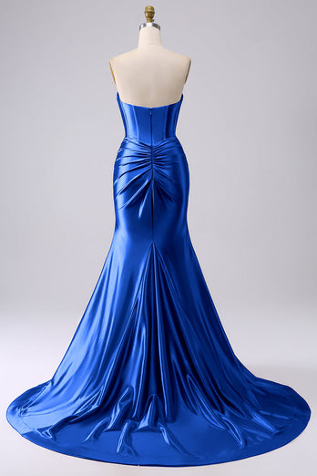 Robe de bal longue longue corset de sirène sirène bleu marine scintillante avec fente