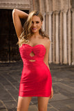 Robe de cocktail bustier découpée perlée fuchsia moulante