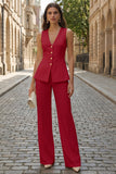 Costumes de travail féminins sans manches en fuchsia à simple poitrine et deux pièces