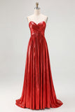 Robe de soirée longue plissée en satin doré chic avec décolleté en V profond et coupe trapèze