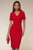 Robe de travail Midi Bodycon Navy à col en V à manches courtes avec fente